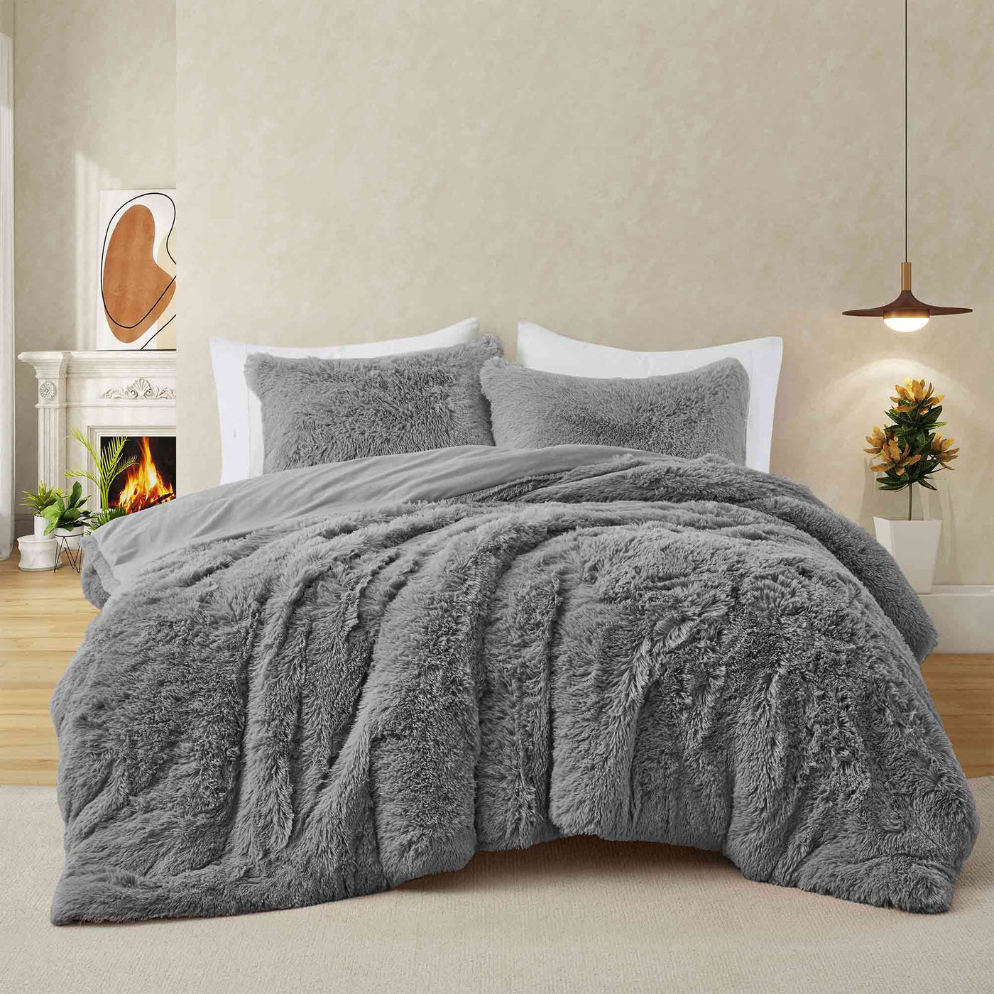 3 Piece Plush Reversible Faux Fur Comforter Set