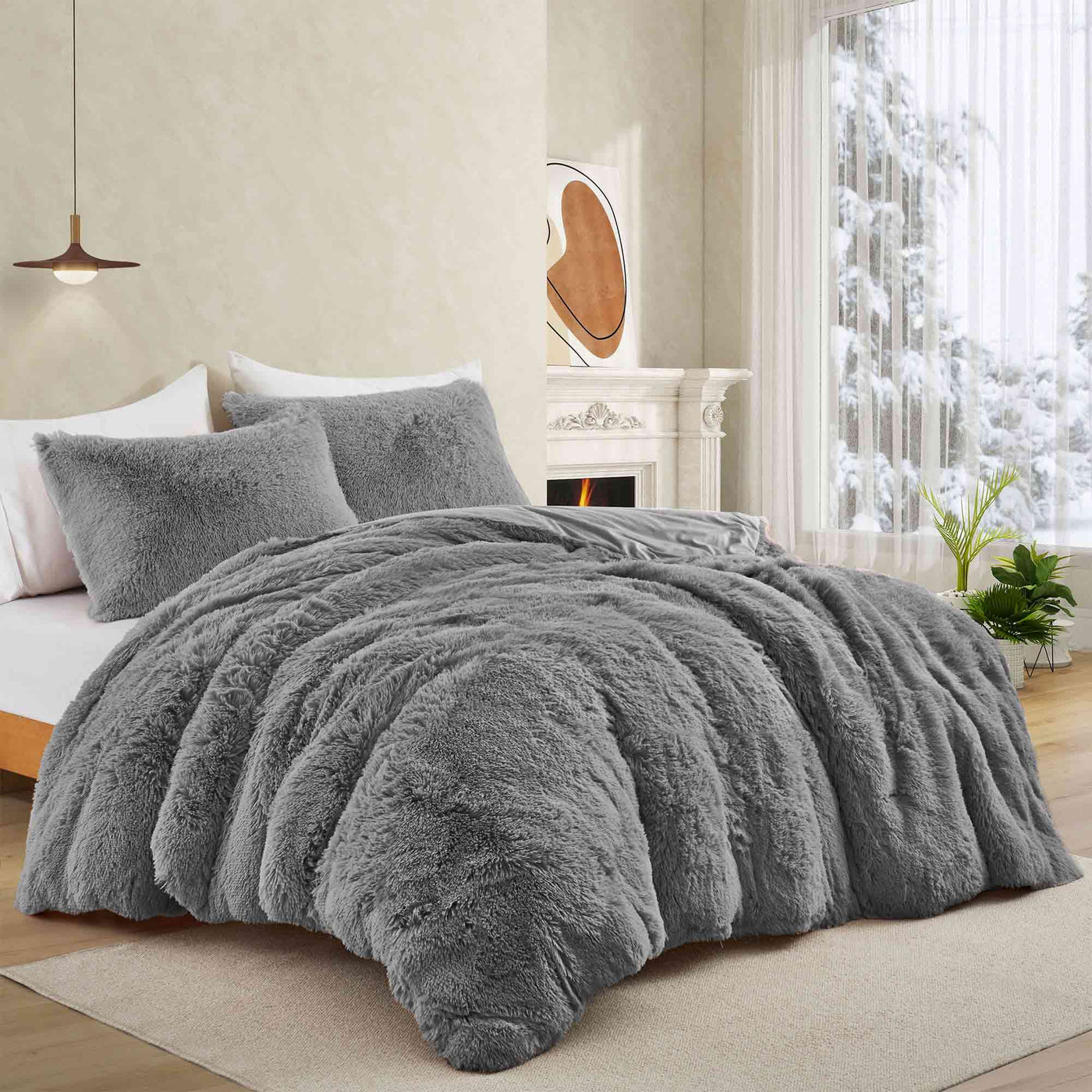 3 Piece Plush Reversible Faux Fur Comforter Set