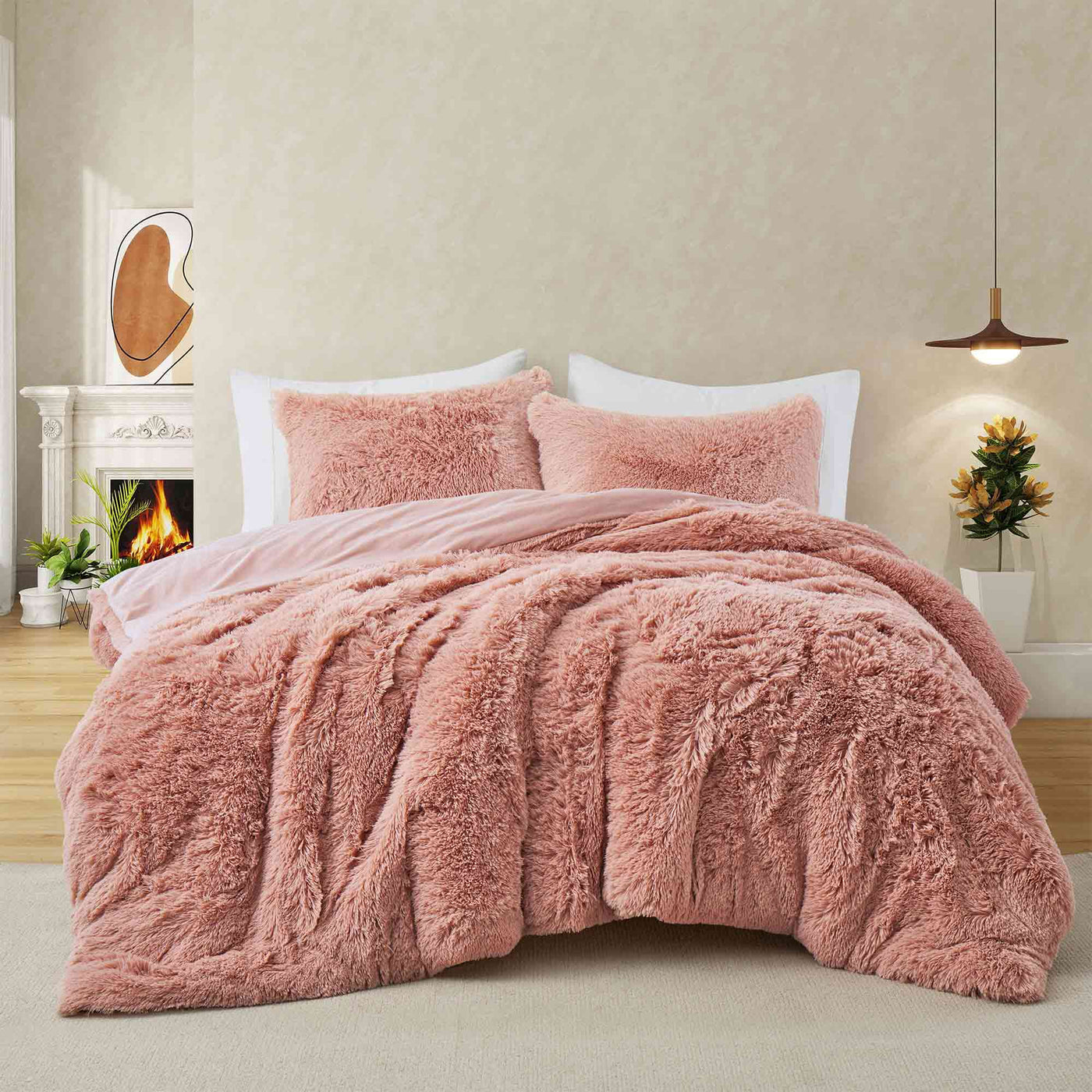 3 Piece Plush Reversible Faux Fur Comforter Set